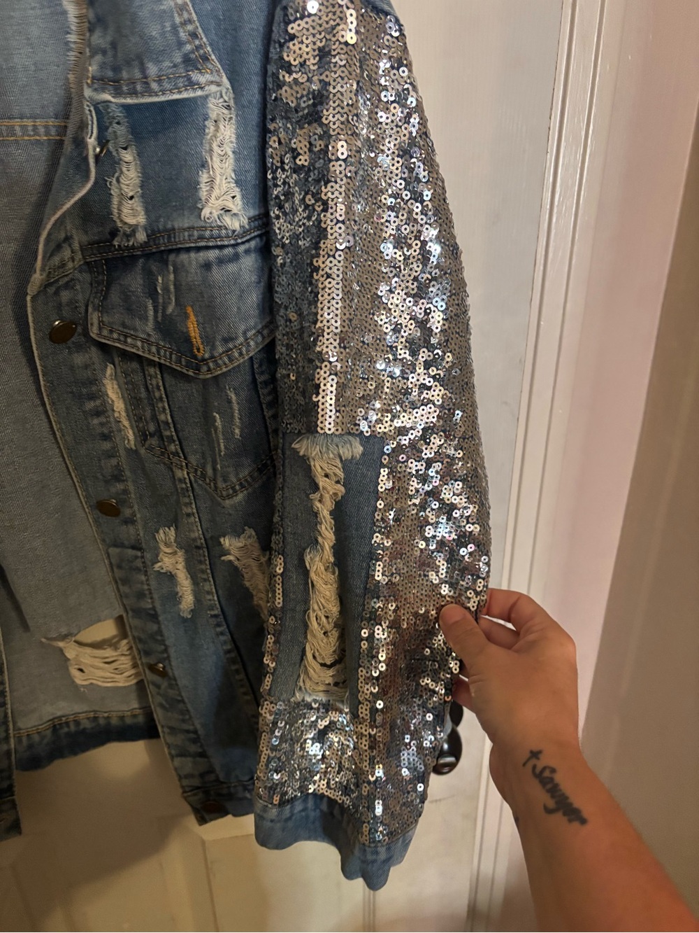 Denim Distressed Jacket with Sequin Sleeves - Light Blue - Picture 3 of 4
